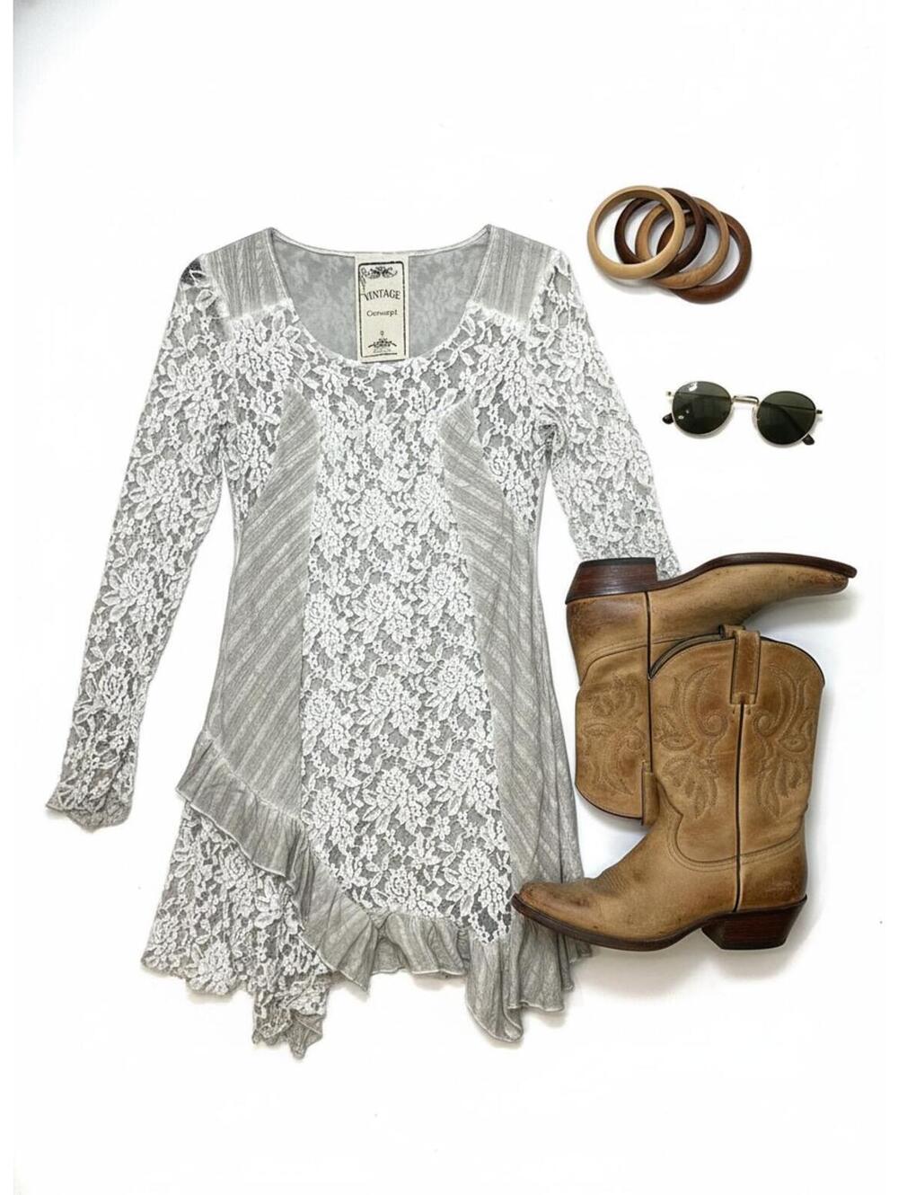 Vintage Concept Mixed Media Lace Tunic Dress Asymmetrical Ruffle Boho Small
